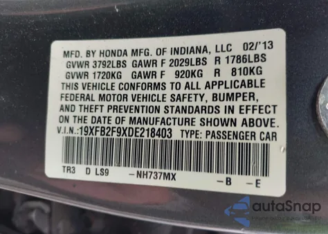 2013 Honda Civic Ex-L z USA, uszkodzony, nr VIN 19XFB2F9XDE218403